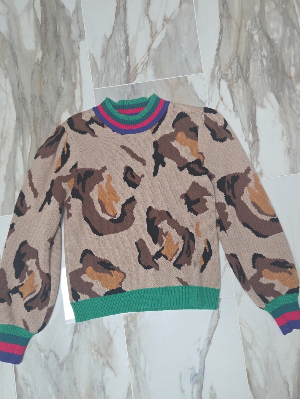 THML Beige Abstract Print Crewneck Sweater with Green Trim and Colorful Ribbing